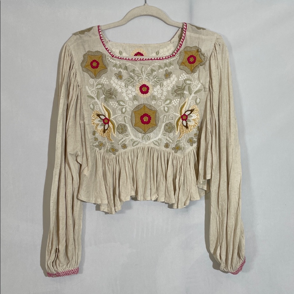 Free People Cream Embroidered Top